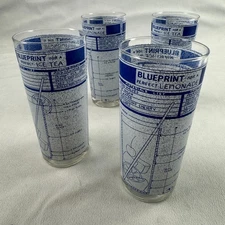 Set of 4 Cera Blueprint Perfect Iced Tea / Lemonade Recipe Tall Glasses Vintage