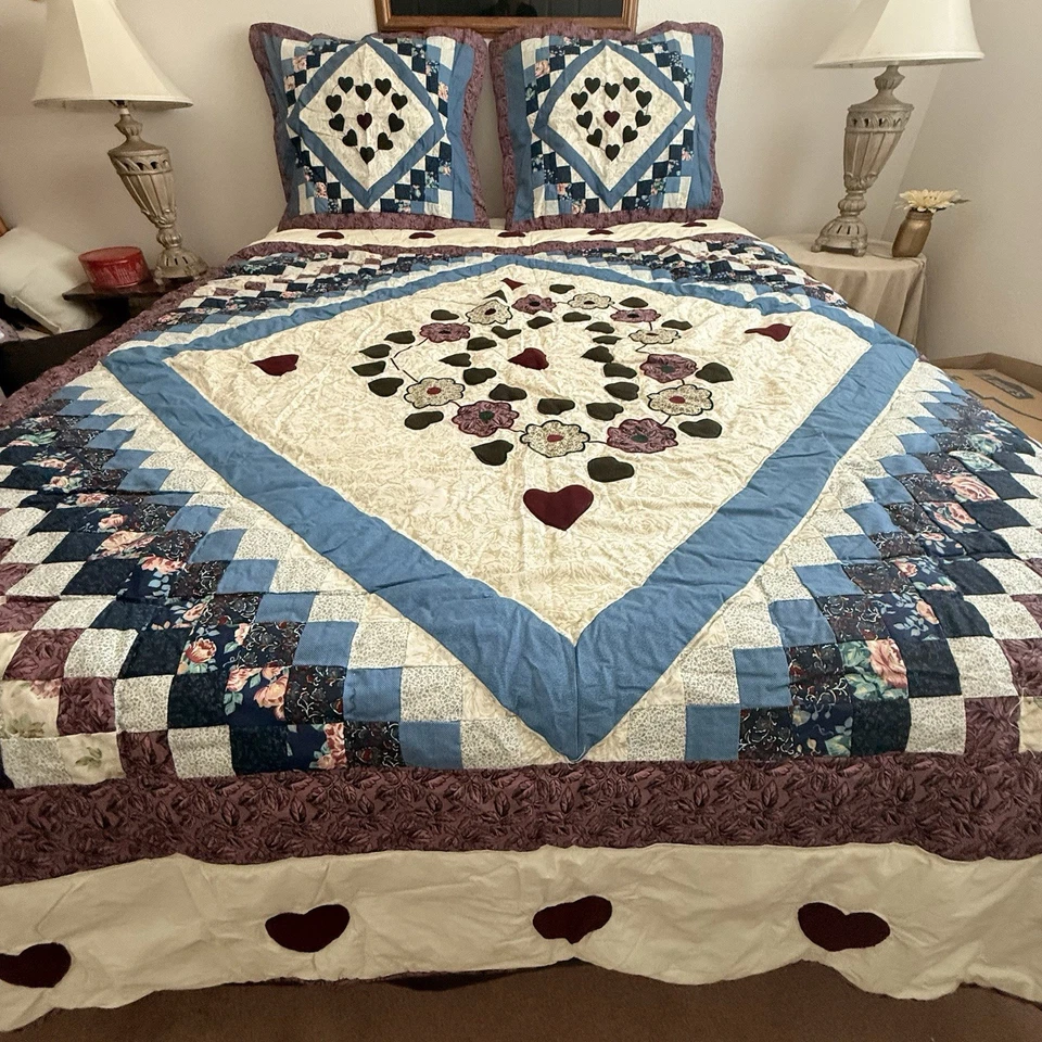 Conjunto de colcha vintage carícia rainha buquê completo de corações chalé núcleo feito à mão - Imagem 3 de 4