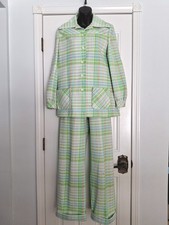 Vintage 70s Women's Plaid Green Blue Pink White Polyester Leisure Suit