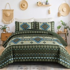 Queen Size Boho Quilt Set,3 Pieces Aztec Texture Bedspread Green Coverlet Set...