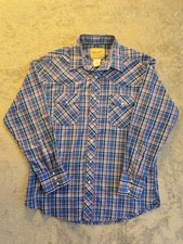 Wrangler Western Shirt Mens Large Blue Plaid Pearl Snap Long Sleeve Cowboy
