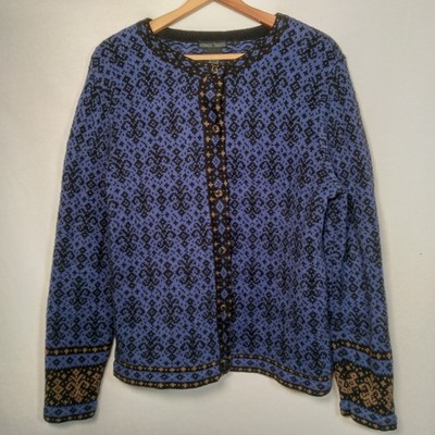 Nomadic Traders Cardigan Sweater Women Large Blue Fleur Di Lis Button Up Nordic