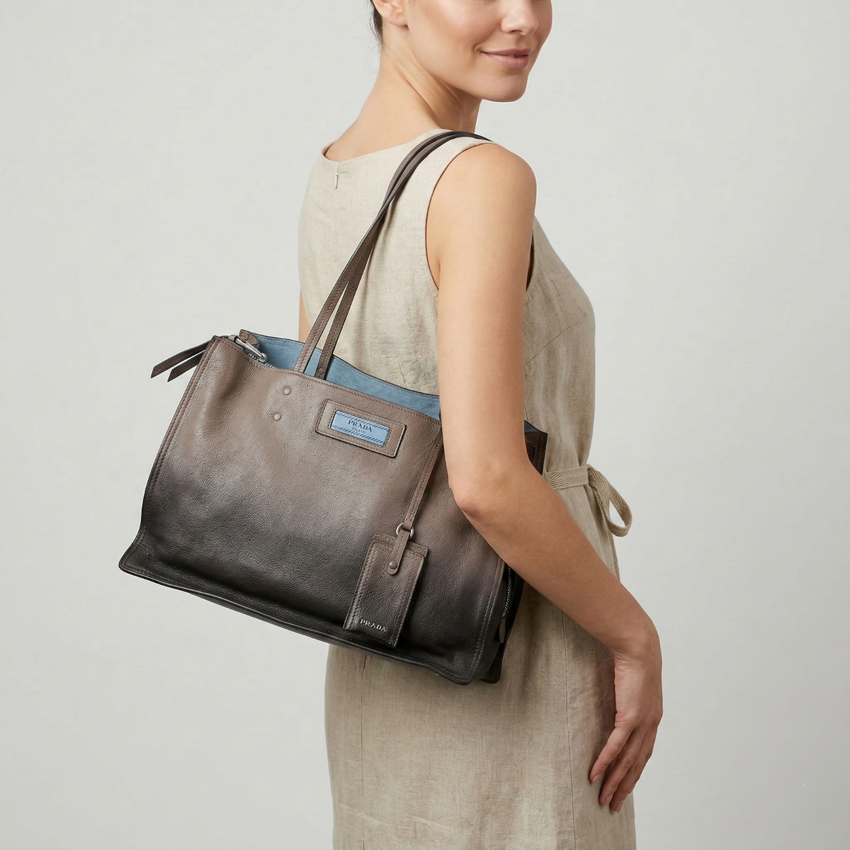 Prada Rare Etiquette Ombré Glace Calfskin Gray Leather Tote Bag