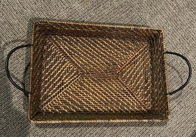 Vintage Wicker Tray Brown~Metal Handles Rectangle  17  X 10.5  Decorative EUC
