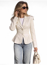 Mango Peplum Short Blazer Professional Linen Khaki Business Casual Fall 2026 Med