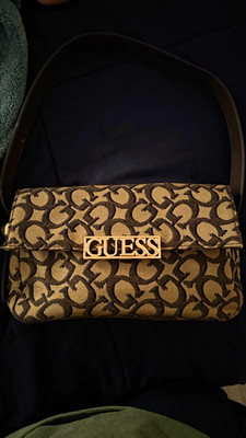GUESS Small Brown/Black Monogram Logo Shoulder Bag Flap Closure Gold Hardware