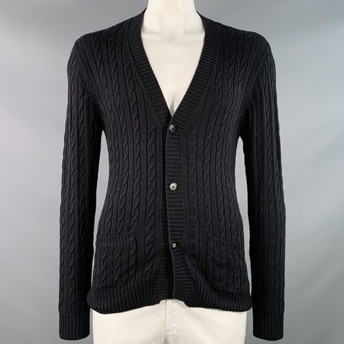 SERGIO DAVILA Size L Black Cable Knit Cotton V-Neck Cardigan