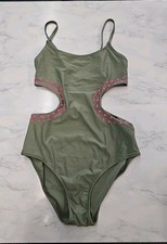 Aerie Cut Out Full Coverage One Piece Swimsuit- Olive Green Fun- Size Small NEW