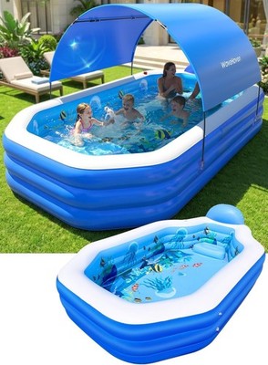 2026 Inflatable Pool with Canopy 118''x75''x22'' Large Blow Up Pool Blue OB