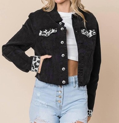 Pretty Bash Denim Paneled Leopard Print Ripped Jacket Size XL