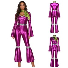 Women 70s Disco Dance Metallic Shiny Jumpsuit with Scarf for Club Carnival Party