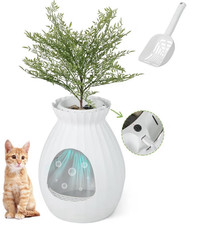 White Flower Pot Shaped Hooded Cat Litter Box with Faux Plant  Scoop
