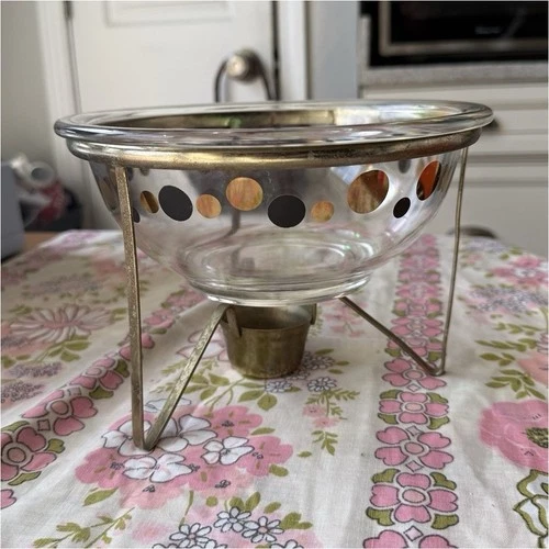 PYREX Glass Bowl Gold Black Polka Dot Art Glass with Metal Stand Two-Piece Set