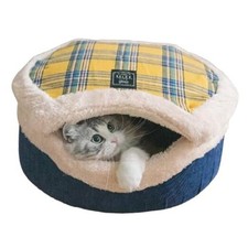 Cat Cave Bed   Plush, Warm  Calming Hideaway with Detachable Lid  Mat, Yellow