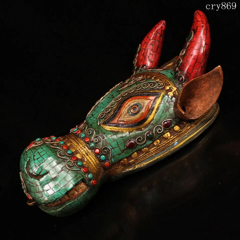 Cobre puro tibetano incrustado com pedras preciosas Pintura colorida cabeça de boi pendurada na parede - Imagem 2 de 4