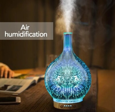 3D Fireworks Glass Vase Humidifier  7 Color Led Light Oil Diffuser Cool Mist