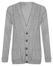 Women Ladies Cable Chunky Knit Cardigan Button Long Sleeves Grandad Cardigan