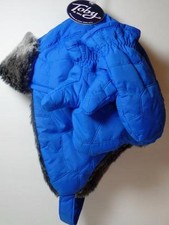 New Toby Boy's Blue  Gray Faux Fur Trapper Hat  Mittens, Sz 2-4 Yrs
