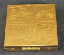 VINTAGE AUTOMOBILES GOLDTONE MAKE-UP POWDER COMPACT ~ REVLON