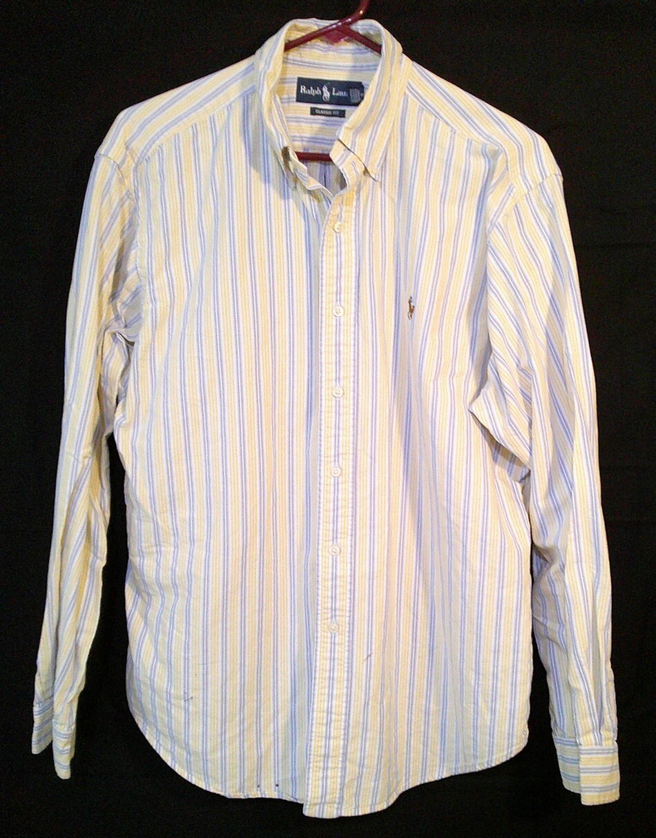 Camicia uomo Ralph Lauren Pony vestibilità classica manica lunga. Taglia L. Giallo e Blu