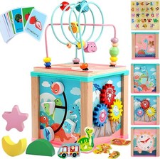 Aktivitätswürfel aus Holz Motorikspielzeug, 8 in 1 Motorikwürfel Babyspielzeug