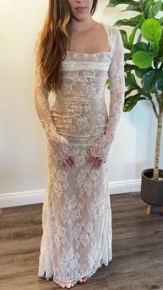 white lace tea dress Champagne Lace Illusion Neck Sheer Sleeve Tea Length Wedding Dress, White main image 1