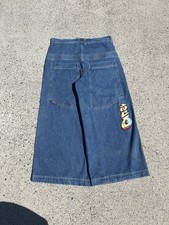 JNCO Men  s Dark Wash Blue Wide-Leg Denim Jeans Logo 5-Pocket Zip Button
