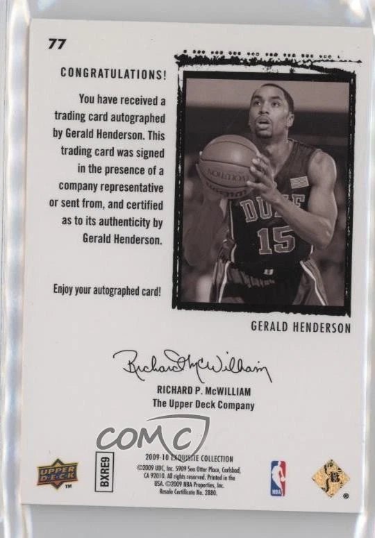 2009-10 Exquisite Collection /225 Gerald Henderson #77 Rookie Auto RC - Image 2 of 2