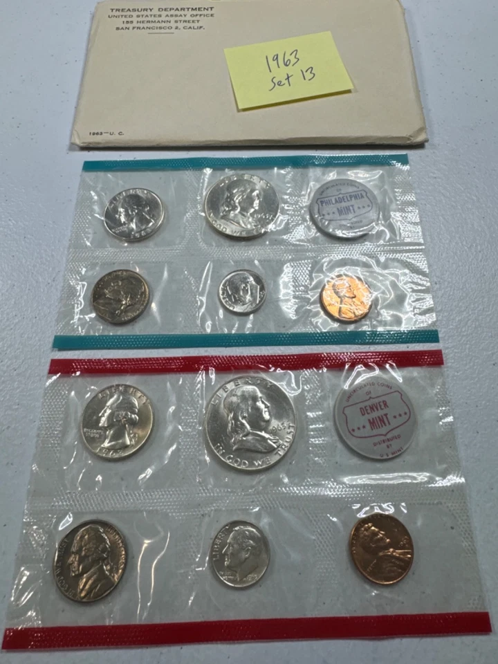 (1) 1963  US MINT SILVER P & D Set,  in all OGP,  w/ 90%  SILVER COINS,   SET 13 - Image 4 of 4