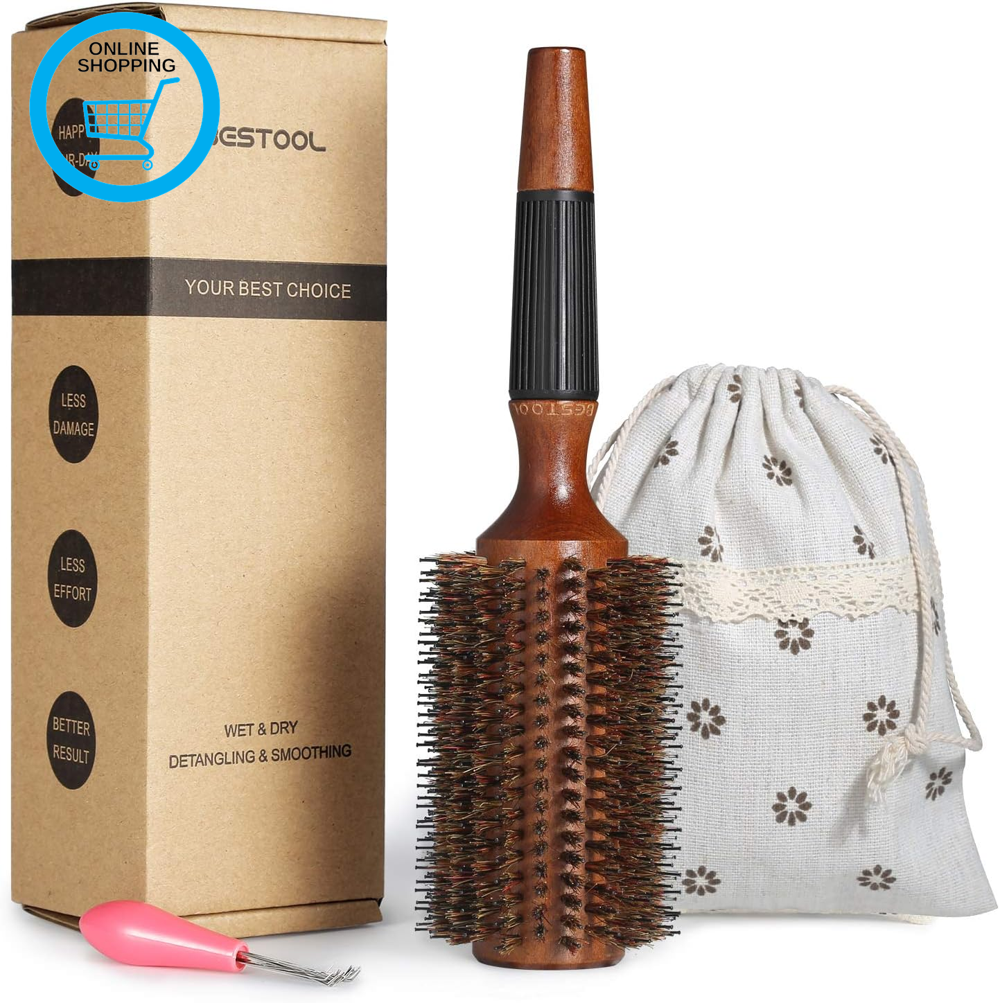 round Brush for Blow Drying, Boar Bristle round Hair Brush with Wooden Barrel, L