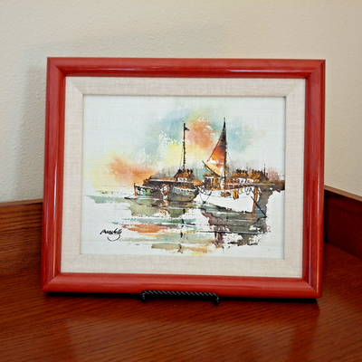 #ad Vintage MCM 1960#x27;s Italian Oil Painting Boats In Harbor Scene Framed and Signed $119.95