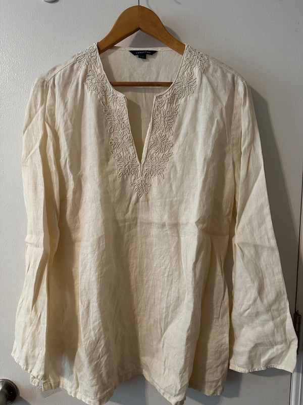 Lands End Art Romantic Ecru Cream Beaded Linen Tunic Shirt Top Size L