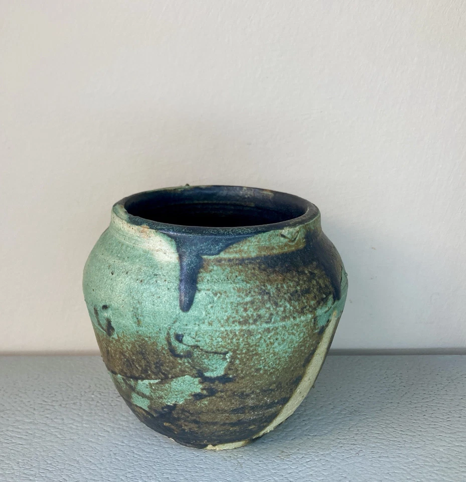 Abstract Glaze Design Small Studio Pottery Vase Pot Turquoise Raku Signed - Image 3 of 4