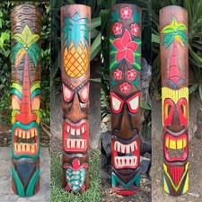 4 Set of Hand Carved Wooden Tiki Totem Masks Tropical Bar Patio Decor 39"x 6"in