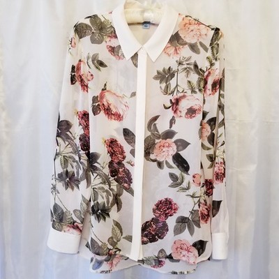 CeCe Women s Medium Floral Blouse Button Front Contrast Collar Cuffs