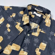 Pierre Cardin Mens Medium Black Tan Geometric Palm Tree Print Cotton Button Down