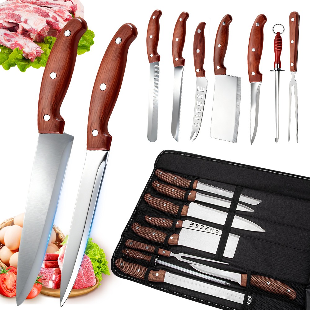 9-TLG Messer Set Edelstahl Kochmesser Profi Küchenmesserset für Fleisch BBQ