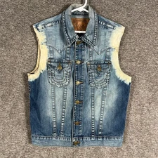 True Religion Vest Mens S/P Denim Bleach Sleeveless Jean Trucker Jacket