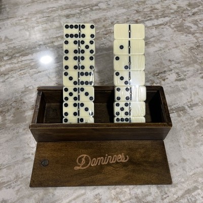 New In Wrap Vtg 1970 Set Dominoes Double 6-28 pieces Original Wooden Slide Box
