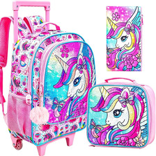 3Pcs Unicorn Rolling Backpack for Girls, Kids School Backpacks with Wheels, Roll