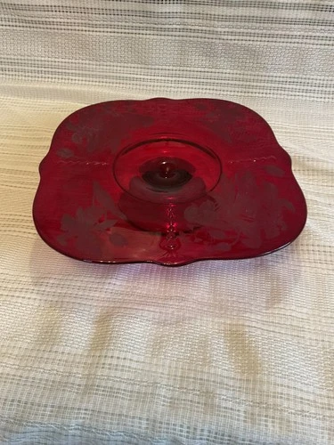 Paden City Red Ruby Low Footed Cake Salver Orchid Etch Depression Glass