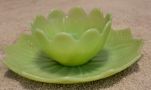 Vintage, Anchor Hocking, Fire King Jadeite, Lotus Blossom Leaf 8" Plate and Bowl