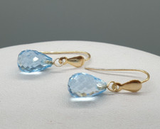 9ct Yellow Gold Blue Topaz Earrings 9K Faceted Drop Dangle Delicate Hook Wires