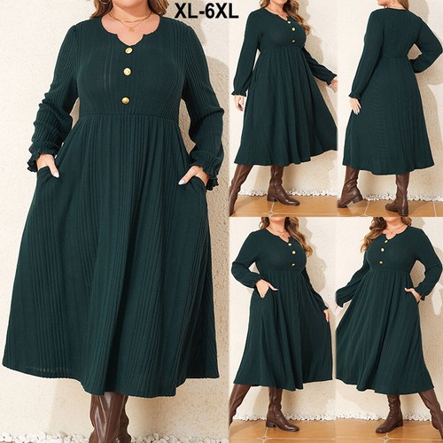 Plus Size 1828 Women Ribbed VNeck Midi Dress Pockets Casual Swing