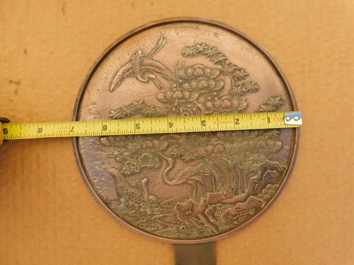 Antique Japanese Bronze Metal Hand Made Crane & Turtle Mirror 11X7" - Picture 2 of 14