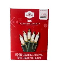 NEW 100 Holiday Time Clear Mini Lights With Green Wire Lighted 19.5 Ft