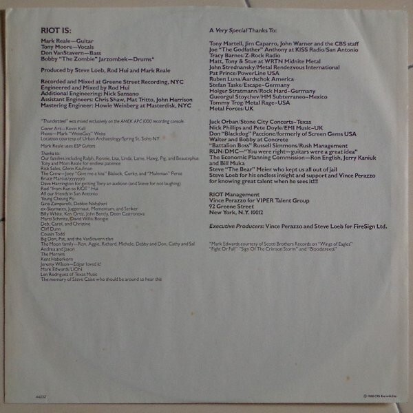 Riot / ThunderSteel 1988 US LP CBS Associated Records BFZ 44232