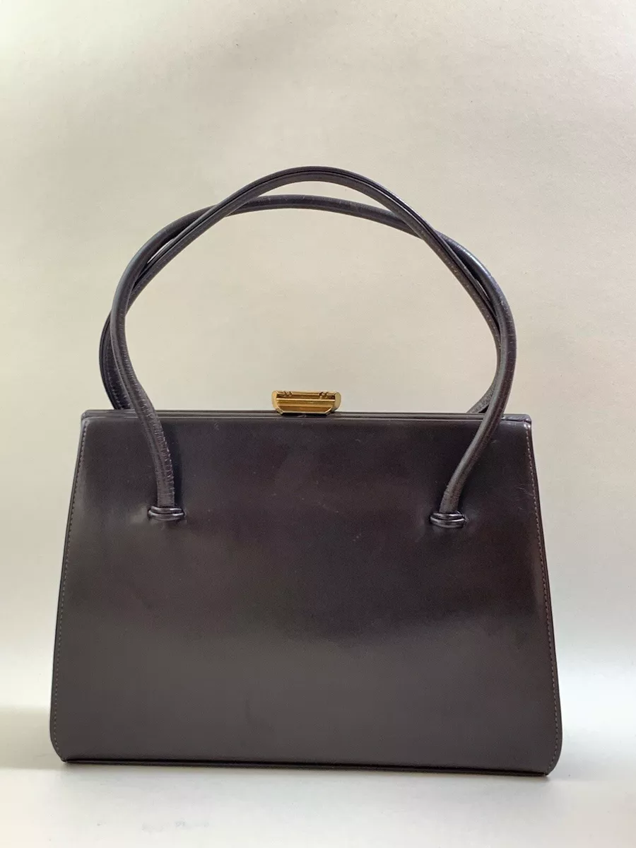 Waldybag Brown Calf Leather 1960s Vintage Handbag Satin Lining Purse Mirror