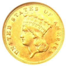 1878 Three Dollar Indian Gold Coin $3 - Certified NGC AU58 - $2,400 Value!