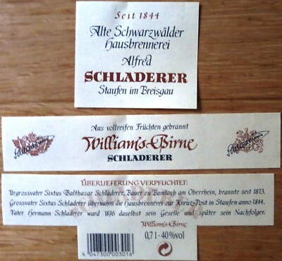 Wine label GERMANY SCHLADERER WILLIAMS PEARS Staufen in Brisgau wine labels